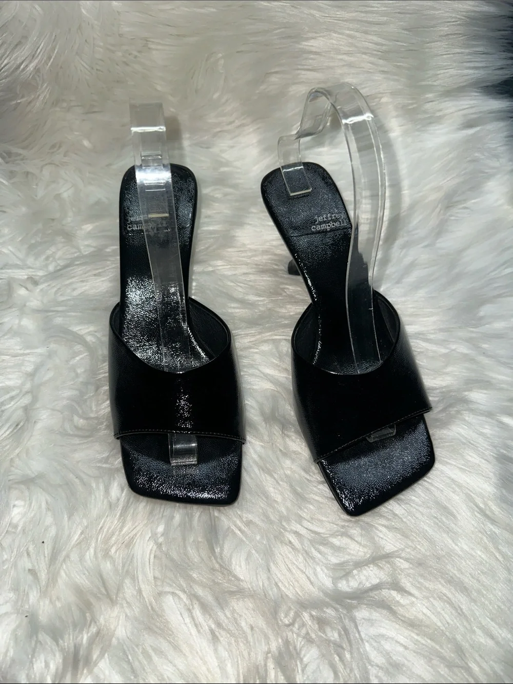 Jeffrey Campbell Black Crinkle Patent Slide Heel Sandals
